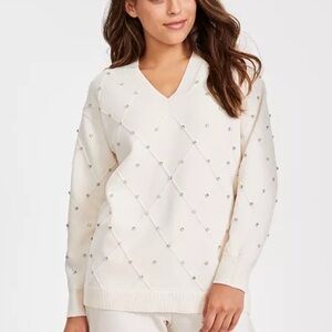 Anne Klein V-Neck Embellished Long-Sleeve Sweater